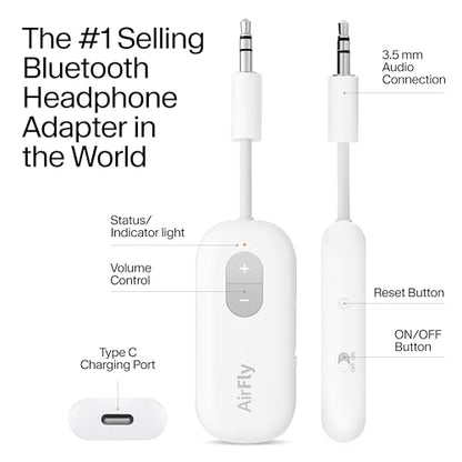 Twelve South AirFly SE, Wireless Audio Transmitter Adapter, Cool White | Bluetooth Adapter for AirPods/Headphones, 20+ Hr Battery, Works with 3.5mm aux Jacks on Airplanes, TVs, Gym Equipment, Travel - color: Cool White, style: AirFly SE