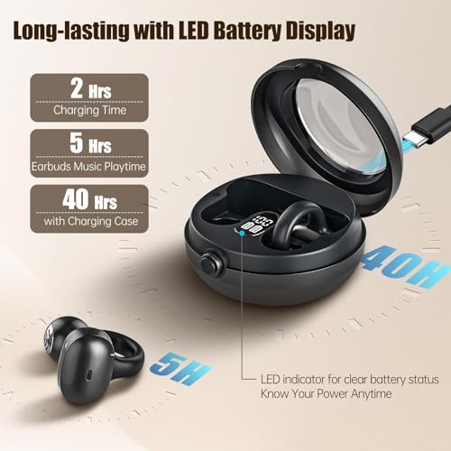 Open Ear Headphones, Bluetooth 5.4 Clip On Headphones, 40H Playtime Wireless Stereo Earbuds with LED Digital Display, Lightweight Stylish Open Earphones for Daily Use, Commuting and Travel Relax
