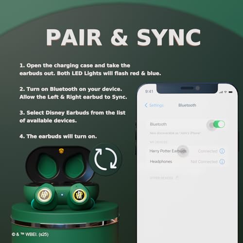 iJoy Harry Potter Slytherin Wireless Bluetooth Earbuds with Charging Case, Built-in Mic, 30 Hr Playtime, Officially Licensed | Harry Potter Gifts for Women, Men, Teens, Kids & All Fans of Slytherin - color: Slytherin