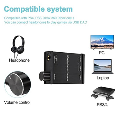 USB to Coaxial S/PDIF Optical 3.5mm/6.3mm Headphone Converter USB DAC Digital to Analog Audio Converter for XP, black