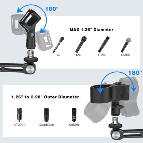 Mic Stand Desk, 360° Rotatable Desktop Microphone Stand, Max Load 4.4 lb, Adjustable Microphone Desk Stand Mount with 1/4“ 3/8“ 5/8” Screw and 2 Mic Clip, for Recording Podcasting Streaming Studio