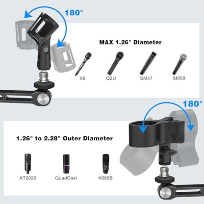 Mic Stand Desk, 360° Rotatable Desktop Microphone Stand, Max Load 4.4 lb, Adjustable Microphone Desk Stand Mount with 1/4“ 3/8“ 5/8” Screw and 2 Mic Clip, for Recording Podcasting Streaming Studio