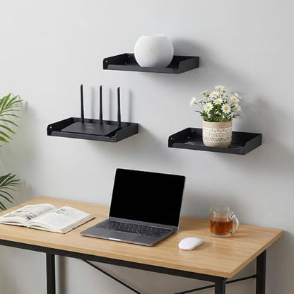 2 Pcs Metal Floating Shelf 12" x 8" Heavy Duty Wall Mounted Shelf | Metal Floating Shelf Deep Display Shelf for TV Components Router Game Console DVD Player Cable Box with Cable Management