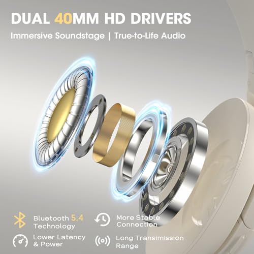 DOQAUS Bluetooth Headphones Over Ear, Headphones Wireless, APP Control | 90H Playtime, 9 EQ Modes, Bluetooth5.4, Hifi Stereo Sound Headphones, ENC Mic, Foldable, for Travel Work Study Phone, Ivory - color: Beige