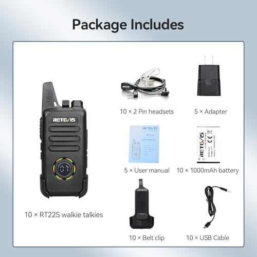 Retevis RT22S Walkie Talkies for Adults, 2 Way Radio with Earpiece(10 Pack) | For Daycare, Hospitality&Retail, Intuitive Channel Display, Lightweight Pocket-Friendly Design, FRS 22CH, All-Day Battery