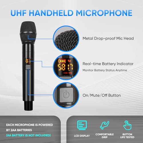 Wireless Microphone System, 4 Channels UHF Metal Cordless Handheld Wireless Mics Set - Adjustable Frequencies, Auto Scan, 165ft Range for Karaoke Singing Meeting Church Wedding (BLM404) - size: BLM404
