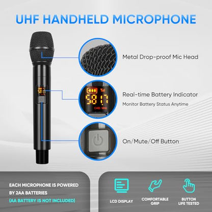 Wireless Microphone System, 4 Channels UHF Metal Cordless Handheld Wireless Mics Set - Adjustable Frequencies, Auto Scan, 165ft Range for Karaoke Singing Meeting Church Wedding (BLM404) - size: BLM404