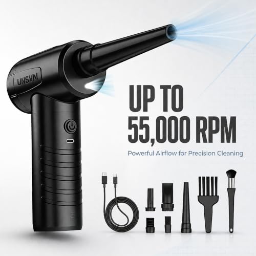 Compressed Air Duster, Efficient 55000RPM, Compact Design, Super Quiet | Electric Air Blower, Portable 3-Gear Rechargeable Cordless Dust Blower with LED Light for Keyboard Cleaning