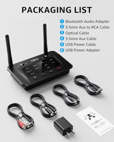 1Mii B03 Bluetooth 5.3 Transmitter Receiver for TV Home Stereo | aptX Low Latency/Adaptive/HD Wireless Audio Adapter to 2 Headphones, Volume Control, Optical RCA AUX, Soundbar Passthrough