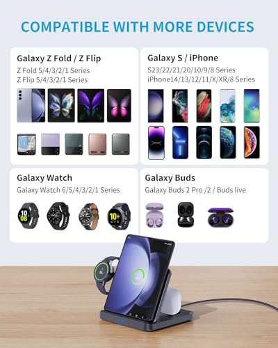 3 in 1 Foldable Wireless Charging Station for Galaxy Z Fold &Z Flip | 3-in-1 foldable fast charging dock compatible with Galaxy Z Fold 7,6,5,4, Flip6,5,Watch6,6 Classic,Galaxy Buds 2,Pro,Live