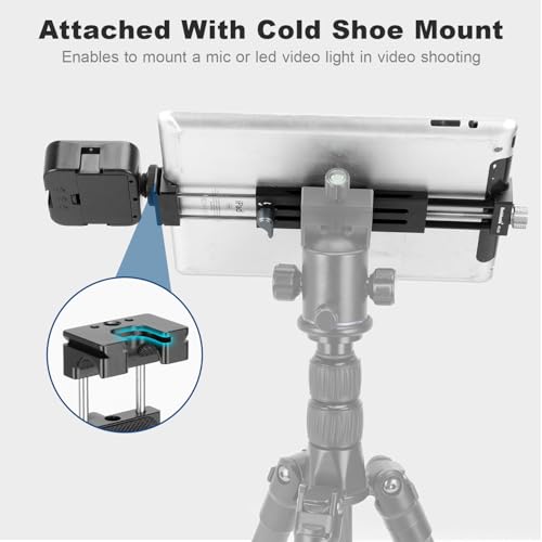 koolehaoda Aluminum iPad Tripod Holder Mount Adapter with 2 Arca Dovetail Mounts, 1/4" Screw & Cold Shoe (5.4” to 13”) Adjustable Universal Tablet Clamp Video Recording for iPhone iPad Air Mini | Universal Adjustable Tripod Mount 1/4" Screw CNC Quick Rele