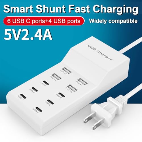 USB Charging Station for Multiple Devices USB Wall Charger Power Hub Strip Smart Plug Charging Dock Desktop Charge Block 6 USB C 4 USB A Ports Compatible with iPhone 15/iPad/iPod/Galaxy S Smart Phones