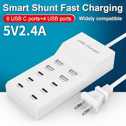 USB Charging Station for Multiple Devices USB Wall Charger Power Hub Strip Smart Plug Charging Dock Desktop Charge Block 6 USB C 4 USB A Ports Compatible with iPhone 15/iPad/iPod/Galaxy S Smart Phones
