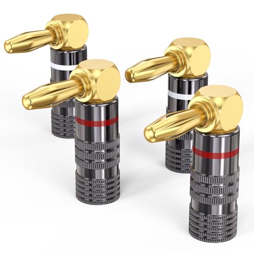 Right Angle Banana Plugs for Speaker Wire 2 Pairs/4 PCS, Speaker Banana Plugs 24K Gold Plated Connector for A/V Receiver, Amplifier, Surround Sound System, Banana Wall Plate, Home Theater - size: 2 Pairs(Right Angle)