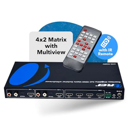 OREI 4x2 HDMI Matrix Multiview 4K@60Hz RS-232 IR PIP EDID 3.5mm/Analog OSD | Multiviewer HDMI 4K, HDMI 4x2 Quad Multiviewer – 18Gbps, HDCP 2.2, Dual HDMI Out, 8 Display Modes, Audio Extraction - style: 4x2 Multiviewer - 4K@60Hz