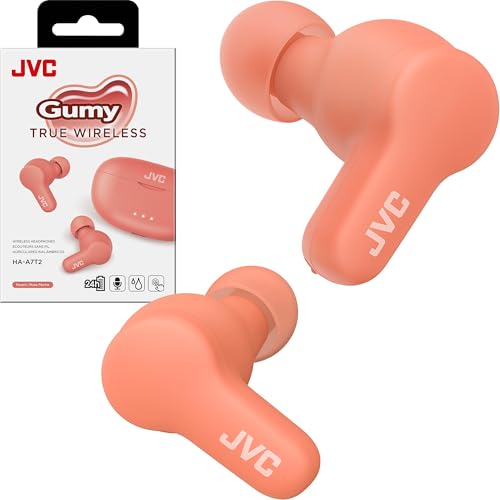 JVC Gumy True Wireless Earbuds, Bluetooth 5.3, Charging Case, 24-Hour Playback, IPX4 Water Resistant, Comfortable Secure Fit with XS/S/M/L Earpieces, Built-in Mic for Calls, iPhone/Android/PC - HAA7T2 - color: Pink