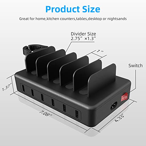 여러 장치용 충전 스테이션, 50W 6 포트 USB 충전기 스테이션 | 애플 워치 홀더 및 케이블 6개, 아이패드 휴대폰 킨들 태블릿 및 기타 전자제품용, USB-A to USB-C 어댑터 컨버터 1개 - color: 블랙.