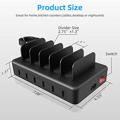여러 장치용 충전 스테이션, 50W 6 포트 USB 충전기 스테이션 | 애플 워치 홀더 및 케이블 6개, 아이패드 휴대폰 킨들 태블릿 및 기타 전자제품용, USB-A to USB-C 어댑터 컨버터 1개 - color: 블랙.