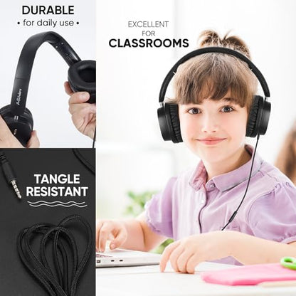Kids Wired Headphones for School, 10-Pack, Foldable with Mic | Stereo sound, Comfortable over-ear fit, Foldable design, 3.5 mm jack, Ideal for classrooms, iPads, tablets and computers - color: 10 Pack-Black