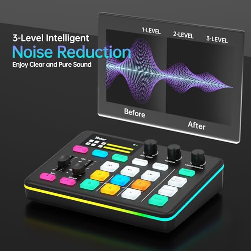 Gaming Audio Mixer, RGB Soundboard with Voice Changer & 6 Sound Pads, 48V Phantom Power, Bluetooth 5.0, USB-C Audio Interface for Live Streaming, Podcasting, Recording on PC/PS5/Phone