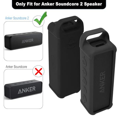 Silicone Case Compatible with Anker Soundcore 2 Portable Speaker, Protective Travel Case Cover with Handle and Carabiner for Anker Soundcore 2 Speaker (Black)
