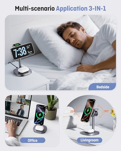 Augnner 3 in 1 Wireless Charging Station, 25W Certified Fast Magnetic Charger, Magnetic Wireless Charger Stand with TEC Active Cooling, for iPhone17/16/15/14/13/12, Apple Watch/AirPods