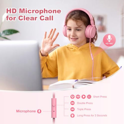 AILIHEN I35 Kids Headphones for School with Mic, 93dB Volume Limited, Pink | Wired On Ear Headphones for Kids Girls, Foldable Lightweight Headphone for Classroom Learning & Entertainment Travel Computer - color: Candy Pink