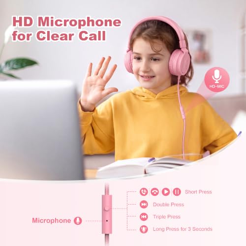 AILIHEN I35 Kids Headphones for School with Mic, 93dB Volume Limited, Pink | Wired On Ear Headphones for Kids Girls, Foldable Lightweight Headphone for Classroom Learning & Entertainment Travel Computer - color: Candy Pink