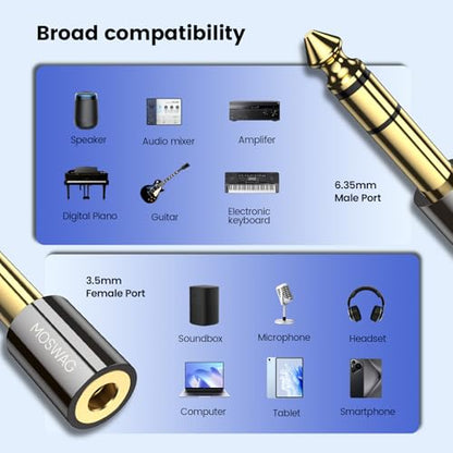 MOSWAG 6.35mm Male to 3.5mm Female Stereo Audio Jack Headphone Adapter | 1/4 inch to 1/8 inch Adapter, HiFi Stereo Sound, 24K Gold Plated, For Speaker Headphone Guitar Digital Piano Amp, 1 Pack - size: 1 Pack