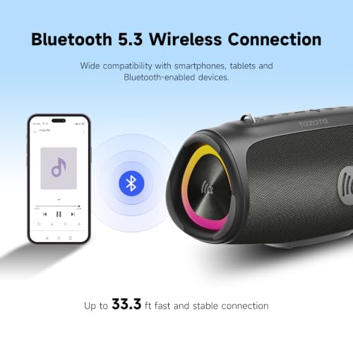 TAZATA Bluetooth Speaker Wireless, 90W Peak Loud Boombox Outdoor Speakers | IPX7 Waterproof, Bass Boost, BT5.3, Broadcast Pairing, 95dB Large Subwoofer, 20H/3.5mm AUX, Portable Speaker for Party, Beach - color: Black