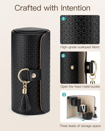 VLANDO Travel Jewelry Organizer, 3 Tier Roll Up Design, Hard Shell Storage | Stepped Sections Compartments Keep Jewelry Visible, Soft Lining Protect Pieces, Snap Closure, Travel Gift for Women Girl - color: A.Black
