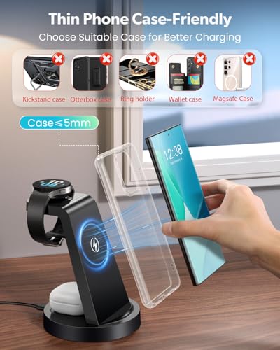Wireless Charger for Samsung: 3 in 1 Wireless Charging Station | for Samsung Galaxy Watch 8 7 6 5 4 3 Pro S26 S25 S24 S23 S22 Ultra Z Fold Android, 18W adapter, Idea for Home Office Travel - color: Black