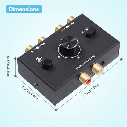 RCA 3.5mm Port 1 in 2 Out / 2 in 1 Out Bi-Directional Audio Switcher, 2-Way Stereo L/R Sound Channel Speaker Headphone Audio Switch Selector Splitter Box