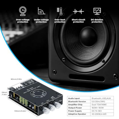 ZK-1602T Bluetooth Amplifier Board, 2.0 Channel 160W+160W Stereo Audio Amp with Treble & Bass Control, DC 15-36V Power Supply, Bluetooth 5.0 & AUX Inputs for Home DIY Speakers - style: ZK-1602T