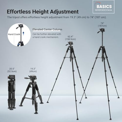 NEEWER Basics TP56 Camera Tripod, 74" Tripod with Cell Phone Holder Mount | Compatible with iPhone for Video Recording, Professional Aluminum Lightweight Portable Travel Stand, 3 Way Pan Tilt Head - style: TP56
