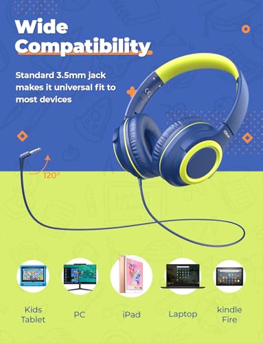 iClever HS22 2-Pack Kids Headphones with Sharing Splitter for School Travel | SafeSound Tech3.0, Share Audio, Tangle-Free, 3.5mm Jack, Foldable, Stereo Sound, Wired Headphones for Kids, Purple & Green - color: Purple & Green