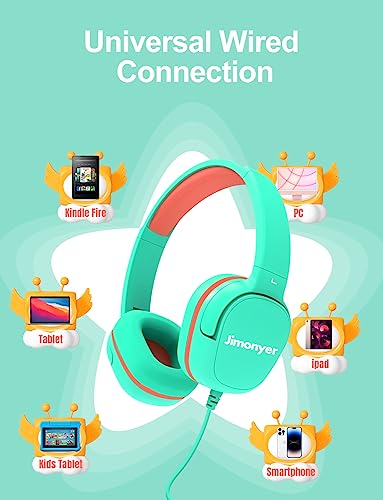 Jimonyer Kids Headphones for School, 3.5mm Jack Wired Headphones for Kids with Safe Volume Limiter, HD Stereo Sound On-Ear Girls Boys Toddler Headphone for Tablet, iPad, Kindle(Green) - color: Green
