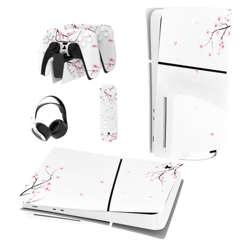PlayVital Full Set Skin Sticker for ps5 Slim Console Disc Edition (The New Smaller Design), Vinyl Decal Cover for ps5 Controller & Headset & Charging Station & Media Remote - Falling Cherry Blossom - color: Falling Cherry Blossom