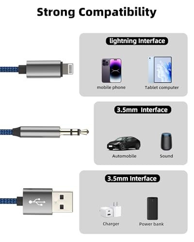 Aux to Lightning Cable for iPhone 14 13 Pro Max Adapter (1.2M) Long Car Audio USB 3.5mm Headphone Jack Cord Charger Play Adaptor for Apple Splitter Speaker Earphone for Ipad Plug Auxiliar Adaptador