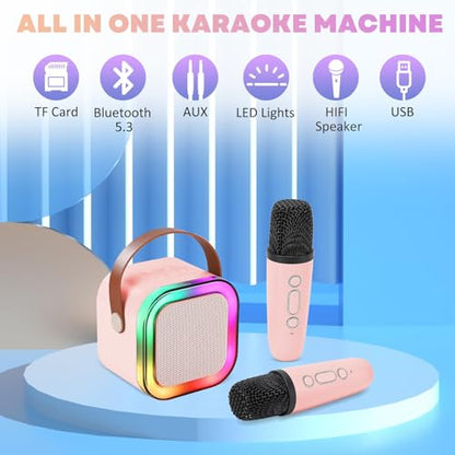 Mini Karaoke Machine for Kids, Portable Bluetooth Speaker with 2 Wireless Microphones,Christmas and Birthday Gifts Suitable for Girls Aged 4 to 12(Pink) - color: Pink