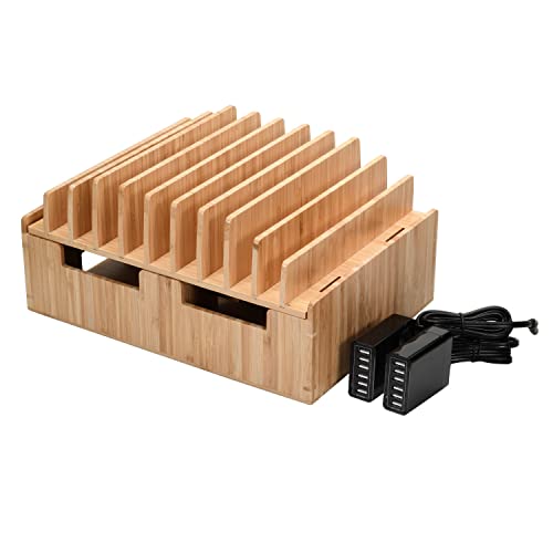 MobileVision 10-Port Bamboo Charging Station Includes 2 Powermod 6 USB Port Chargers for Smartphones & Tablets - color: Stand + Charger
