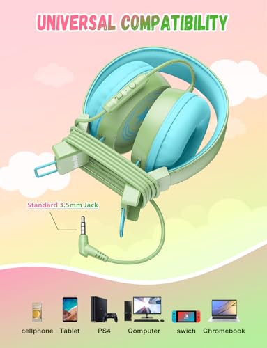 New Bee 2 Pack Kids Headphones with Microphone, 85dB/94dB Safe Volume Limited Childrens Headset, Foldable Wired Toddler Headphones Over Ear for School Travel Mac/Android/Kindle/Tablet/Pad- Green Pink - color: Green Pink-2 Pack, size: wired