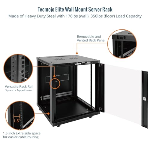 Tecmojo 15U Wall Mount Rack,15U Rack 23.6 Inch Depth,Hold Up to 176 Lbs,Enclosed Wall Mount Rack with 2 Colling Fans,for 19 Inch Network,Server and AV Gear,Glass Door(Elite Collection) - size: 15U/23.6in Depth/Glass Door
