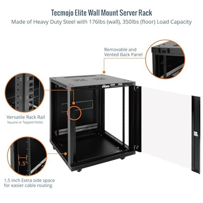 Tecmojo 15U Wall Mount Rack,15U Rack 23.6 Inch Depth,Hold Up to 176 Lbs,Enclosed Wall Mount Rack with 2 Colling Fans,for 19 Inch Network,Server and AV Gear,Glass Door(Elite Collection) - size: 15U/23.6in Depth/Glass Door