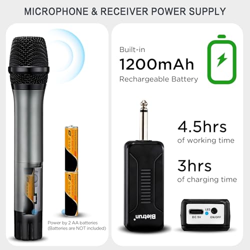 Bietrun Wireless Microphone Only for Mic Input, UHF Metal Dynamic Mic - color: Gray