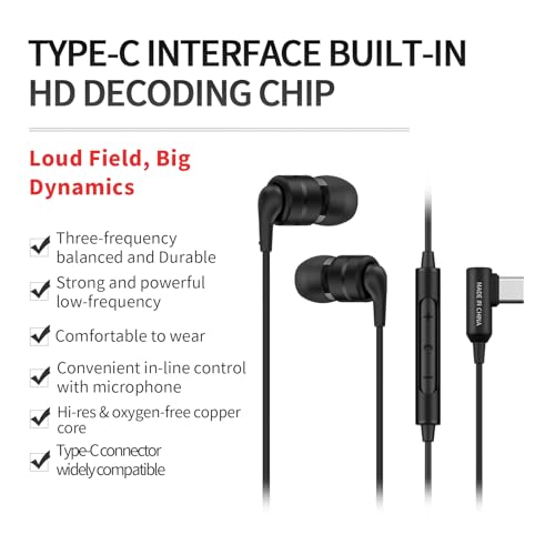 SoundMAGIC E80D Type-C Wired Earbuds, Mic, High-Res DAC, HiFi Stereo, Black | Crystal call clarity, High-res decoder chip, Deep bass, Effective noise isolation, ergonomic fit, Type-C for Android devices