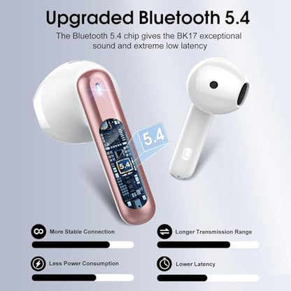 Wireless Earbuds, Bluetooth 5.4 Headphones with 3D Bass Stereo, 40H Ultralight In-Ear Buds, Bluetooth Earbuds with 4 ENC Noise Cancelling Mic, USB-C, IP7 Waterproof Earphones for Android iOS, Rose - color: Pink Gold
