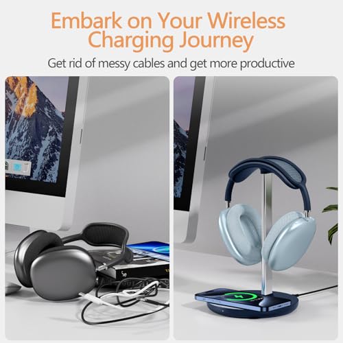 Hiwe Headphone Stand with Wireless Charger, Headset Holder for Desktop | 2 in 1 Charging Station for iPhone, Samsung, AirPods and Desk All Headphones, Aluminum Support Rod, Heavy Base, Navy Blue - color: Navy Blue
