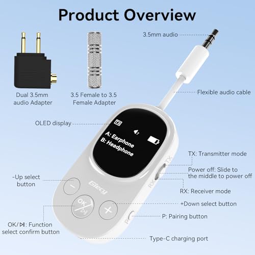 Airplane Bluetooth 5.3 Transmitter Receiver Adapter, Supports 2 AirPods or Headphones with aptX Low Latency, 3.5mm AUX Jack Wireless Audio Transmitter for Planes, Airline, Travel, TV (White)