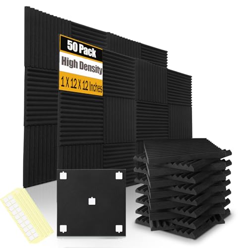 50 Pack Acoustic Foam Panels 1" X 12" X 12" Wedge Soundproof Studio Foam for Walls Sound Absorbing Panels Sound Insulation for Studio (50 Pack, Black) - size: 50 Pack